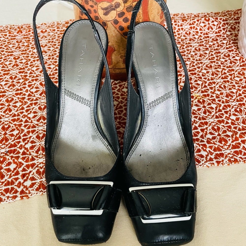 TAHARI  leather and patent pumps.